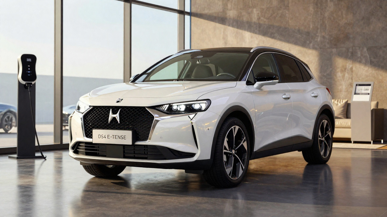 Carro elétrico branco DS4 E-Tense estacionado em showroom moderno com carregador ao lado.