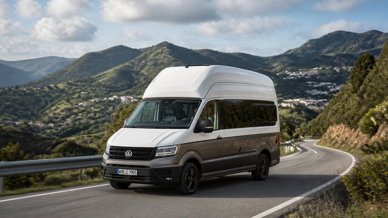 Van Volkswagen branca e cinza trafegando por estrada sinuosa em área montanhosa com vegetação verde e céu parcialmente nublad