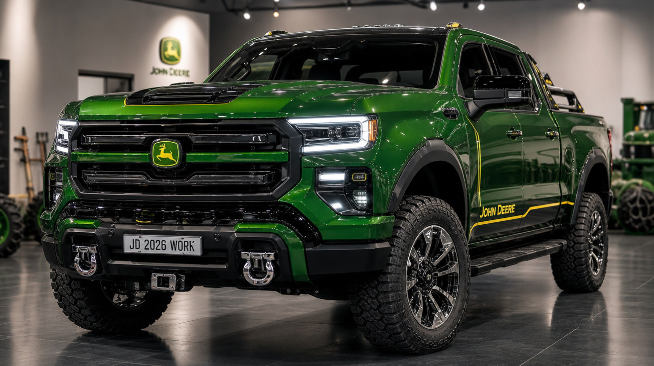 Picape verde John Deere JD 2026 WORK em showroom com logo da marca ao fundo.