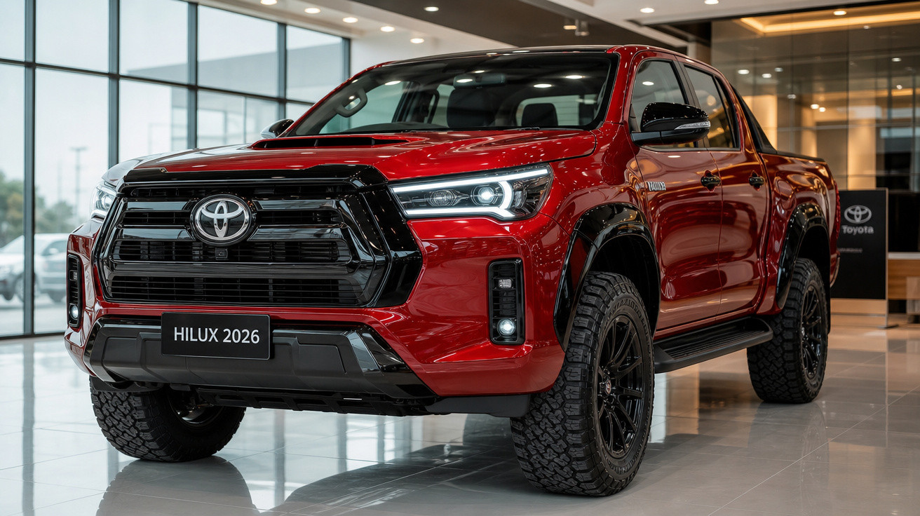 Toyota Hilux 2026 vermelha em exposição em ambiente interno com piso refletivo e paredes de vidro.