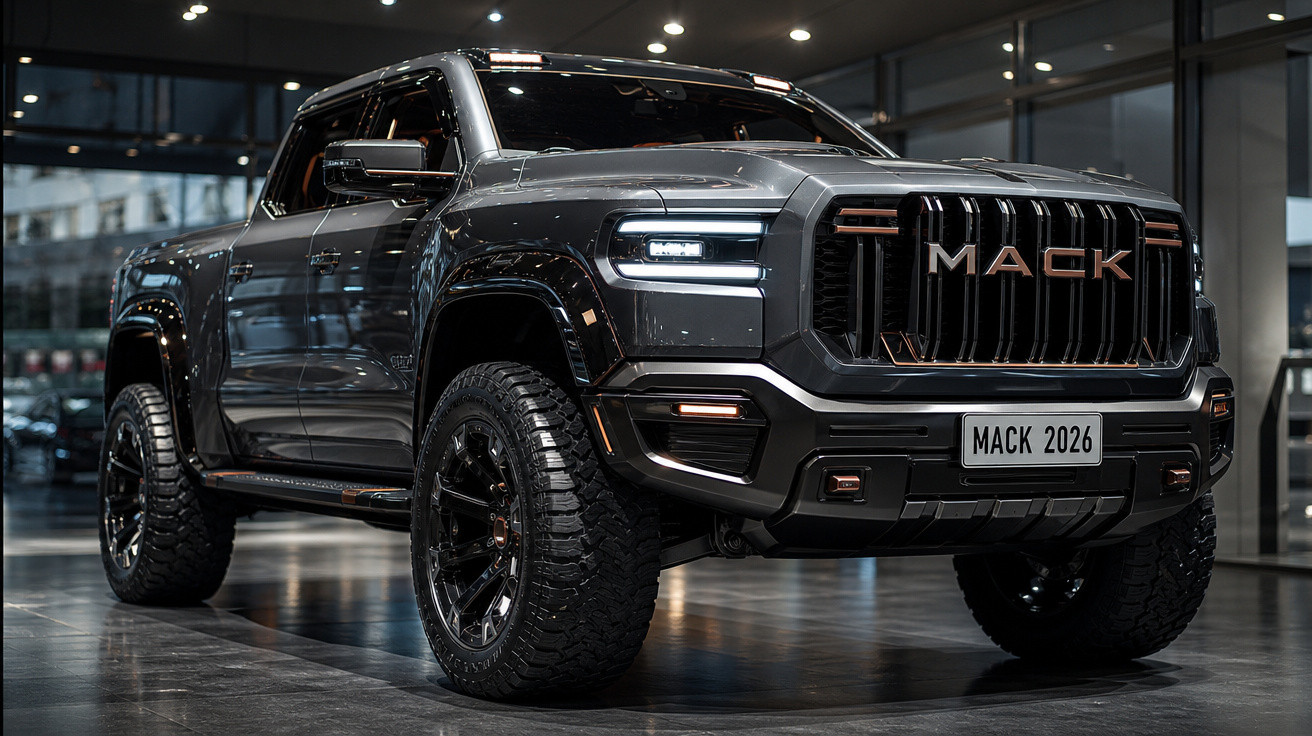 Picape preta Mack 2026 com design robusto e pneus grandes estacionada em showroom moderno.