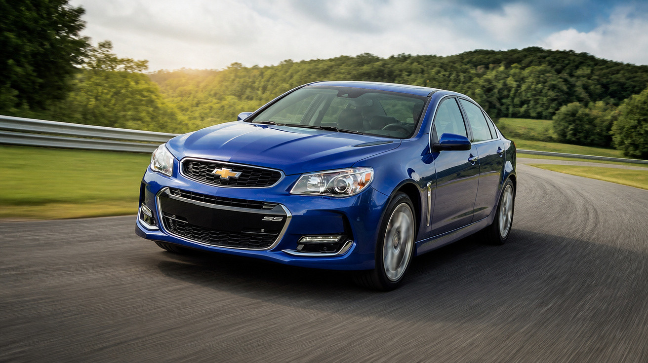 Carro azul Chevrolet SS em pista curva com árvores e céu nublado ao fundo.