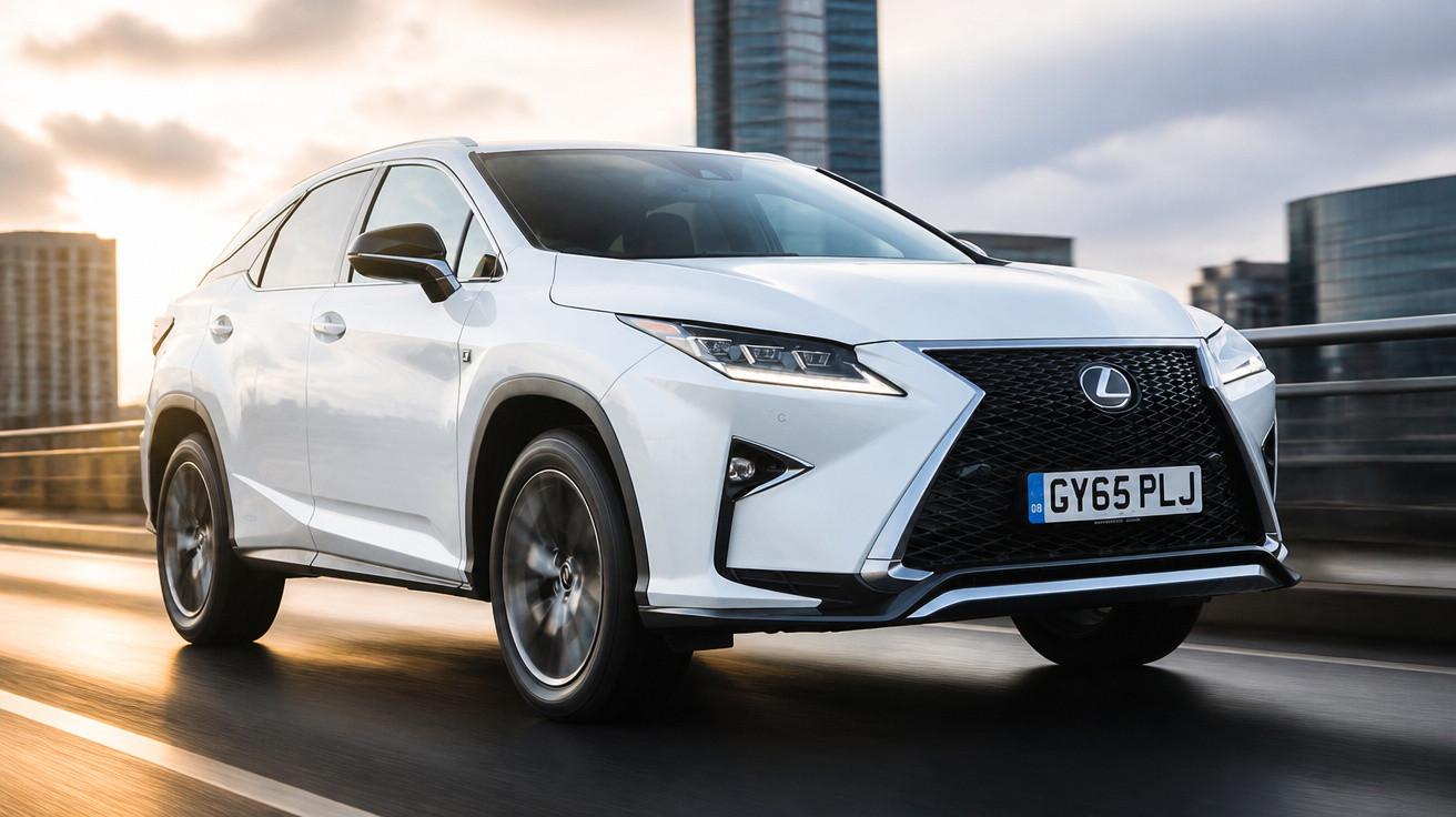 SUV branco Lexus em movimento em via urbana com prédios ao fundo durante o pôr do sol.
