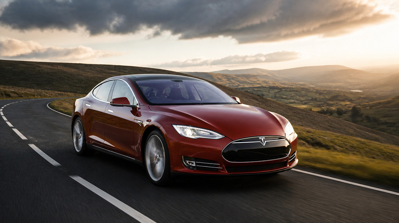 Carro Tesla vermelho dirigindo em estrada sinuosa com colinas e céu nublado ao entardecer.