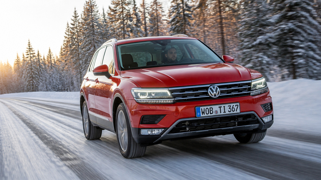 Carro SUV vermelho Volkswagen dirigido em estrada coberta de neve com árvores ao fundo.