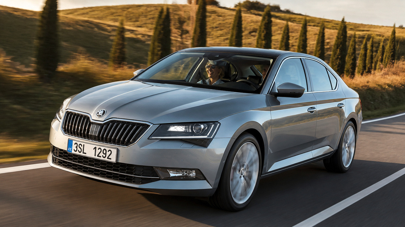 Carro prata sedan Skoda circulando em estrada com paisagem rural ao fundo, motorista sorridente.