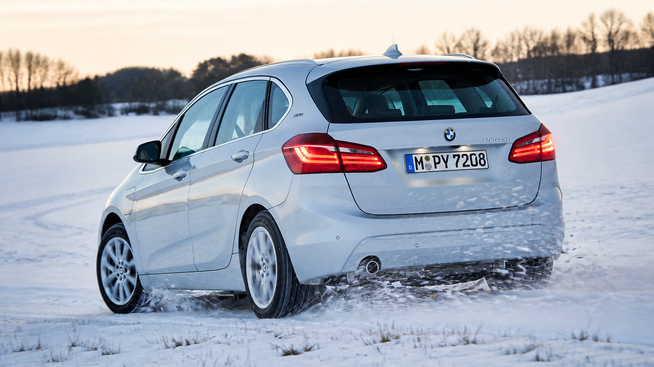 Carro BMW branco em movimento sobre neve em campo aberto com árvores ao fundo ao entardecer.