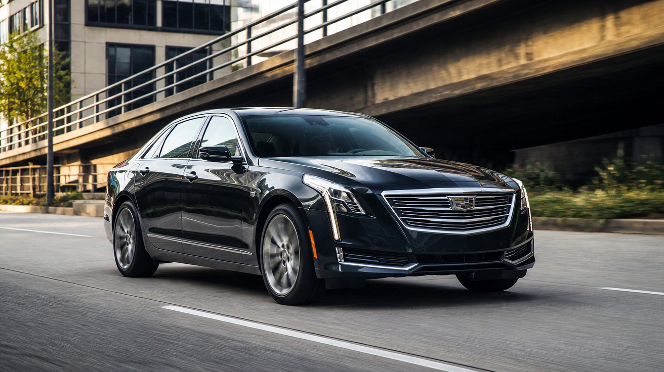Carro sedan preto Cadillac em movimento em via urbana sob viaduto com edifícios ao fundo.