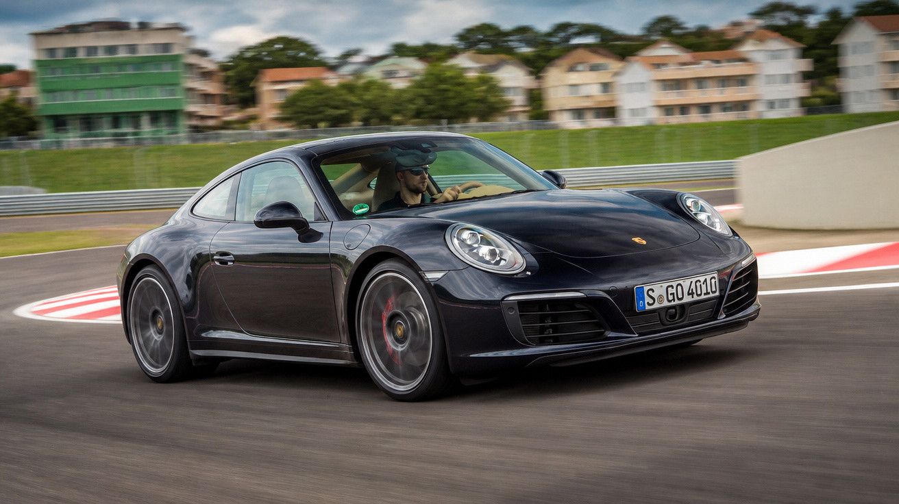 Carro esportivo preto Porsche 911 em alta velocidade em pista de corrida com motorista usando boné.