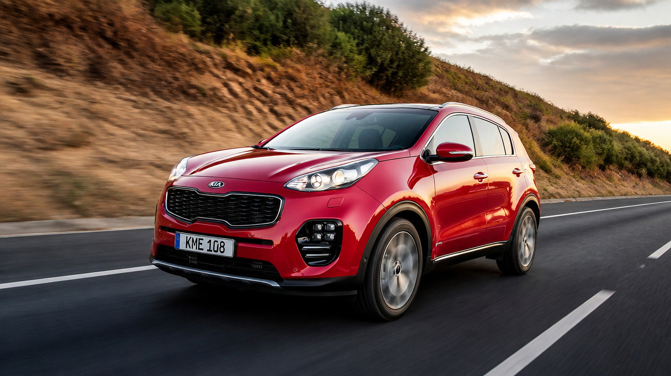 SUV vermelho Kia Sportage trafegando em estrada asfaltada ao entardecer.