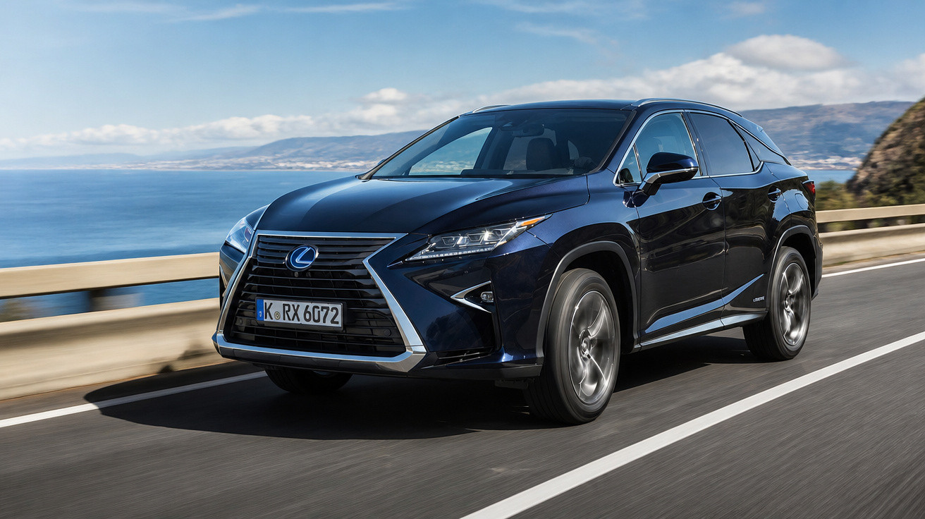 SUV Lexus RX preto em movimento em estrada à beira-mar sob céu azul com poucas nuvens.
