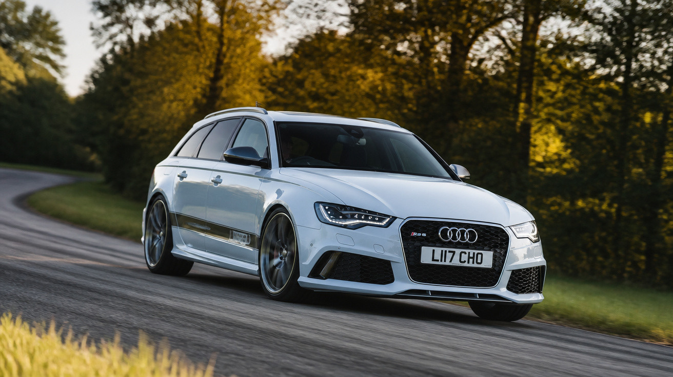 Carro Audi branco modelo esportivo RS6 Avant em estrada cercada por árvores ao entardecer.