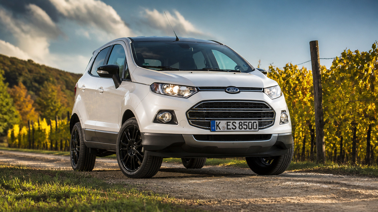 Carro Ford Ecosport branco estacionado em estrada de terra com vinhedos ao fundo em dia nublado.