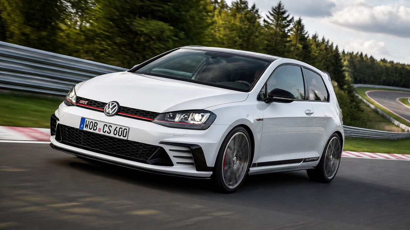 Carro Volkswagen Golf GTI branco em alta velocidade em pista de corrida com árvores ao fundo.