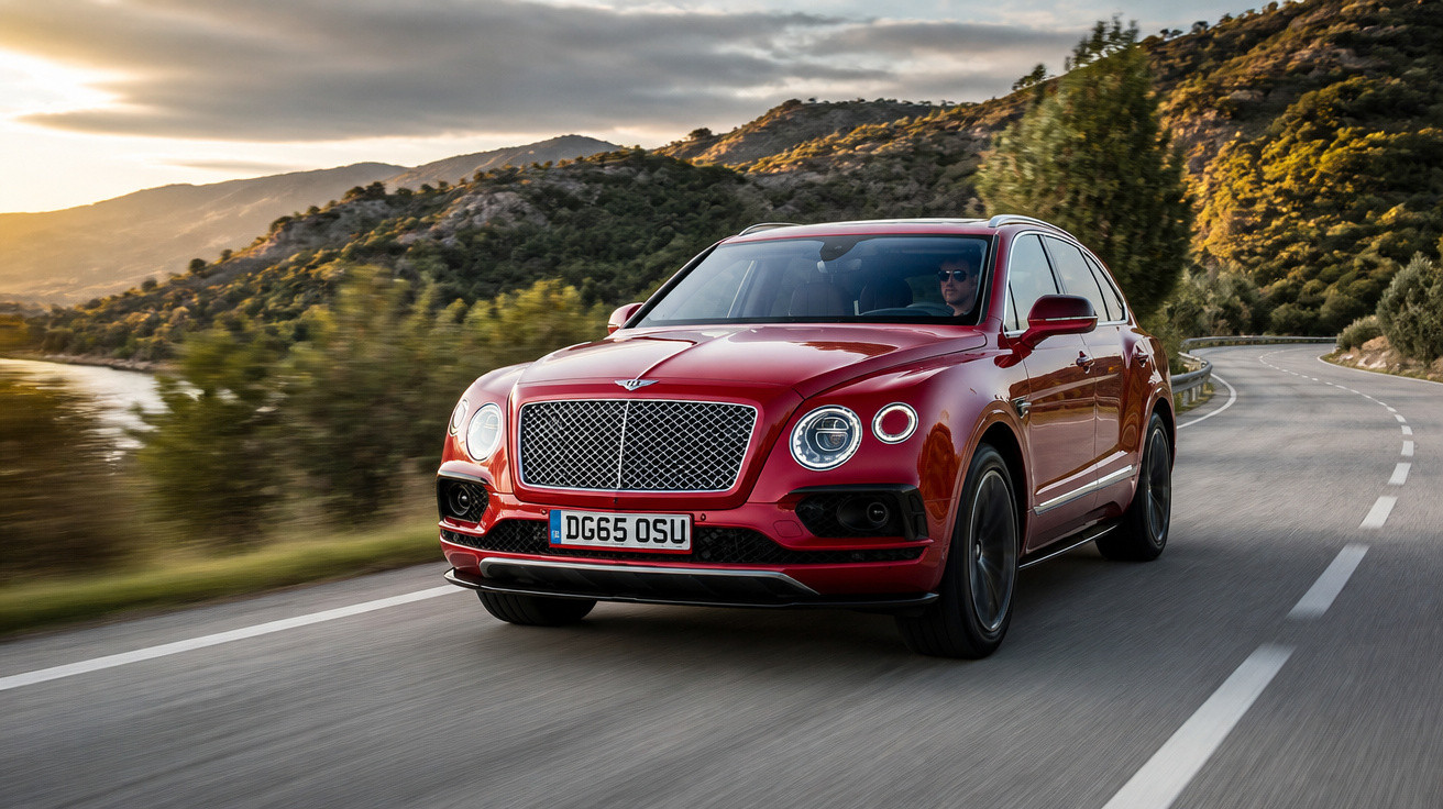 SUV Bentley vermelho trafegando em estrada sinuosa com montanhas e pôr do sol ao fundo.