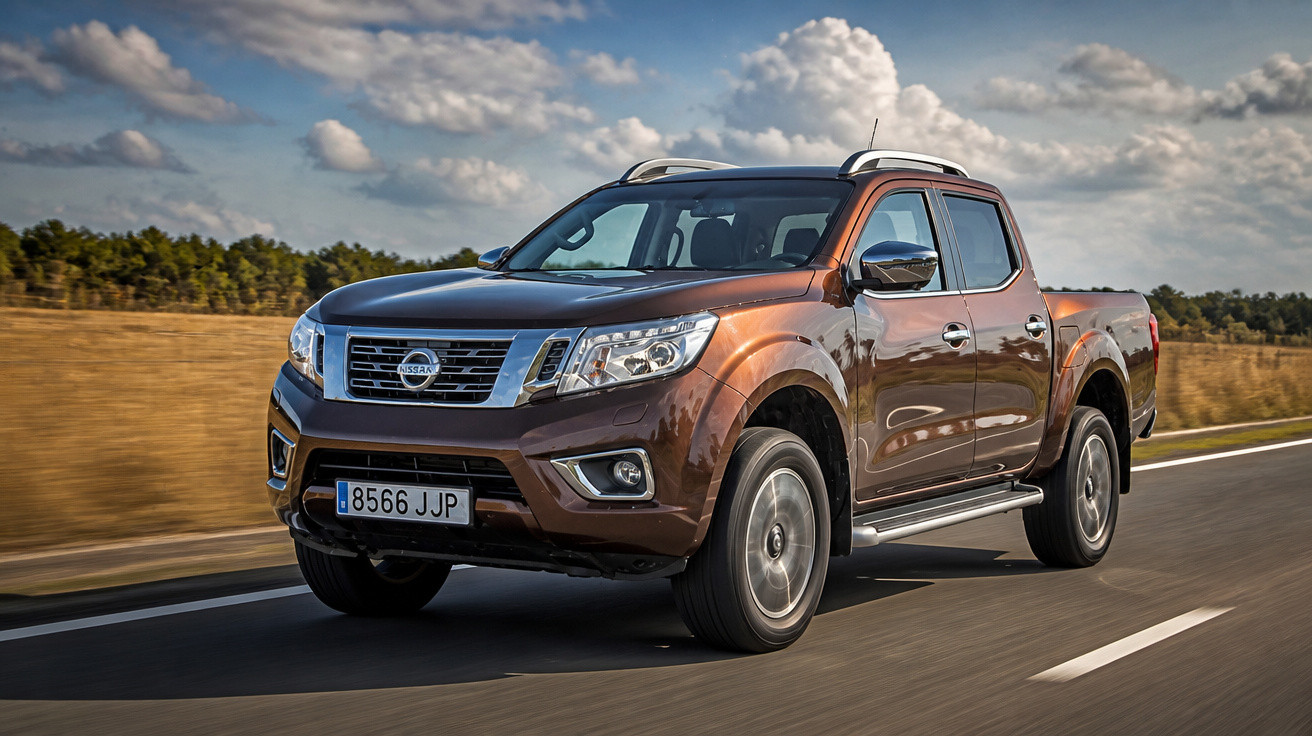 Picape Nissan marrom em estrada asfaltada com céu azul e nuvens ao fundo.