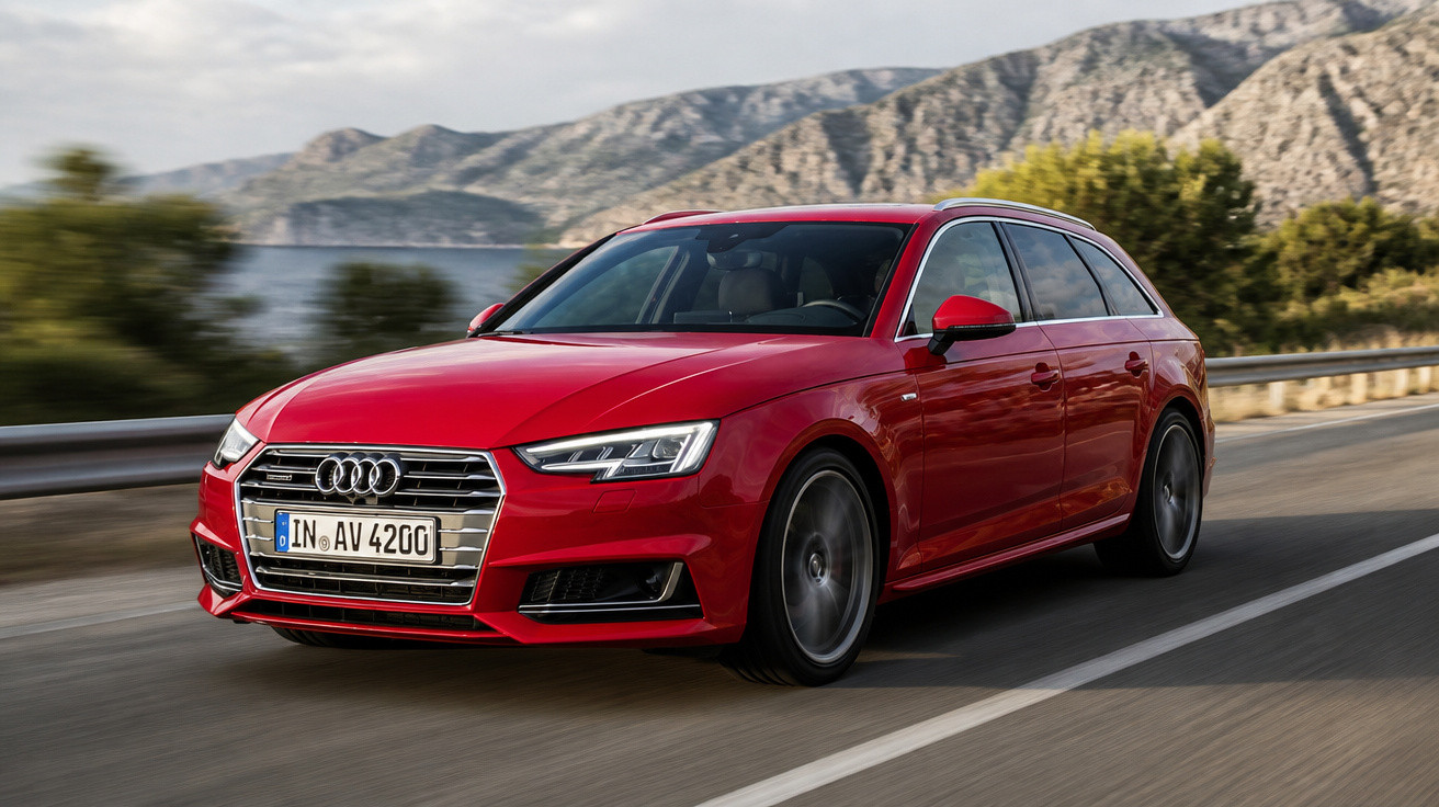 Carro Audi vermelho em movimento numa estrada com montanhas e vegetação ao fundo.