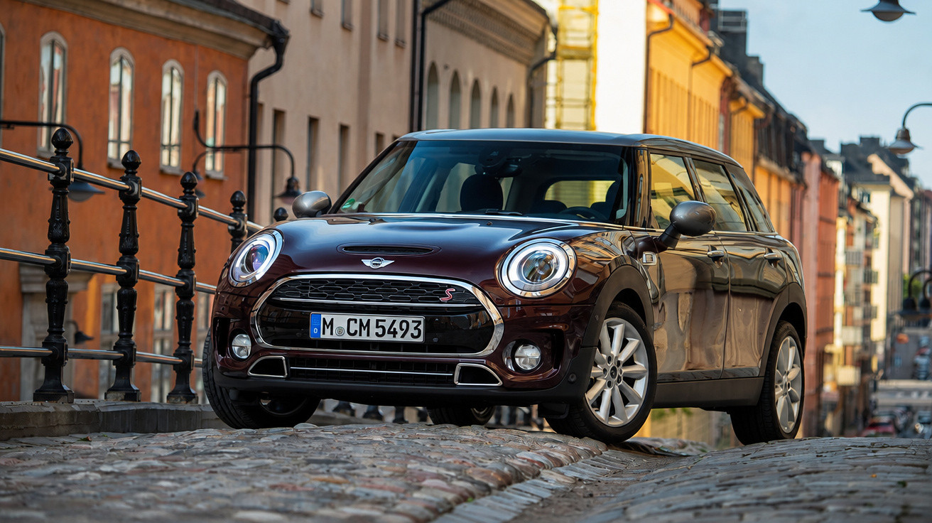 Carro Mini Cooper marrom estacionado em rua de paralelepípedo com prédios antigos ao fundo.