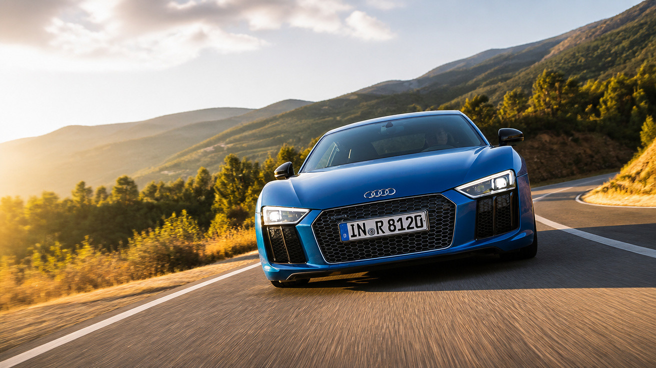 Carro esportivo azul Audi em estrada sinuosa com montanhas e árvores ao fundo ao pôr do sol.