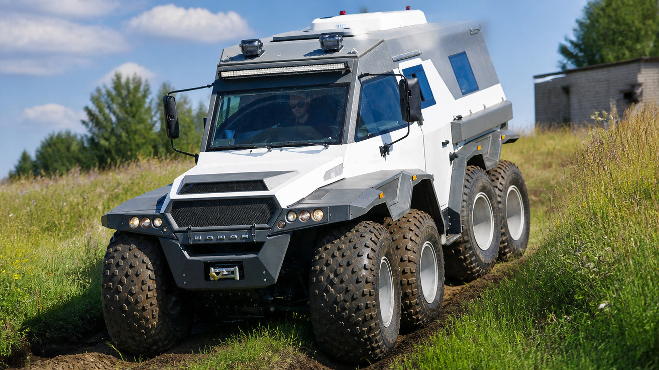 Veículo off-road todo-terreno branco com seis rodas trafegando em terreno gramado e irregular.