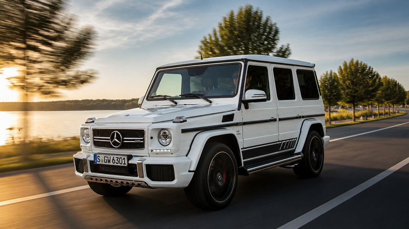 Carro Mercedes-Benz G63 AMG branco em movimento em estrada com árvores e lago ao fundo.