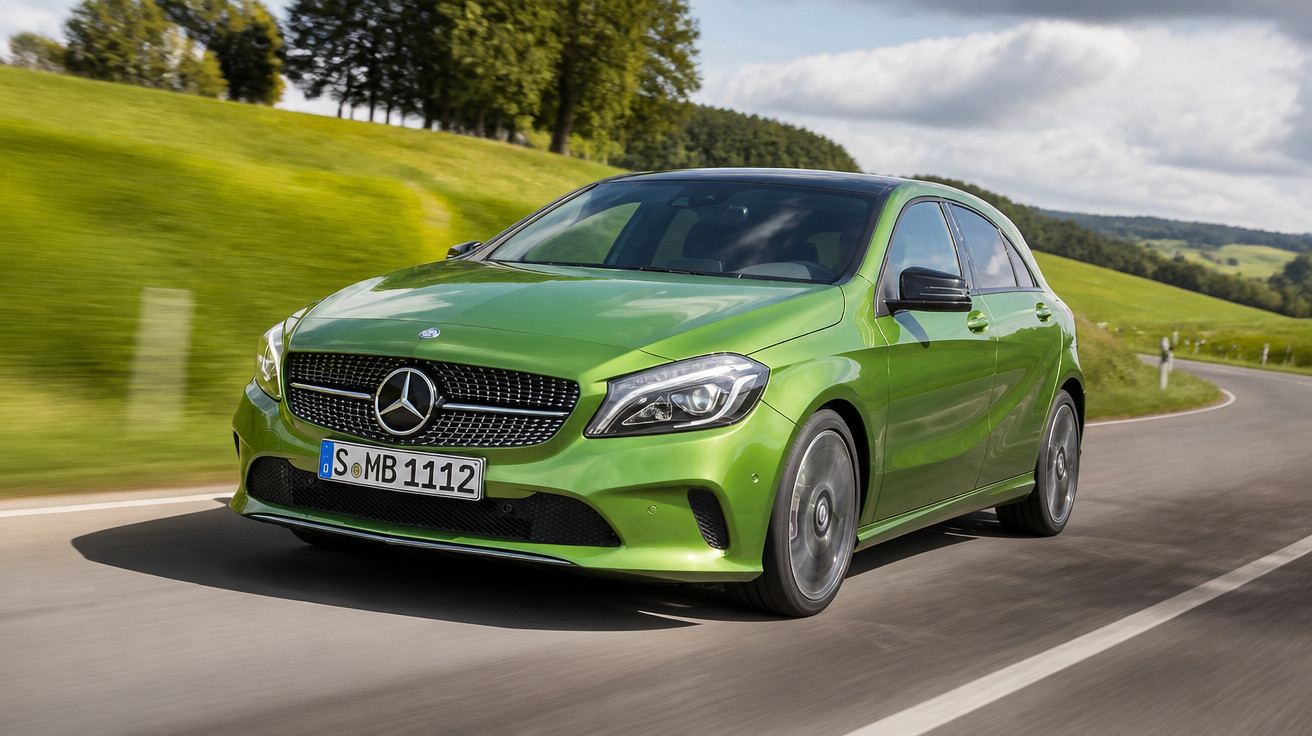 Carro Mercedes-Benz verde em estrada asfaltada com paisagem rural verde ao fundo.