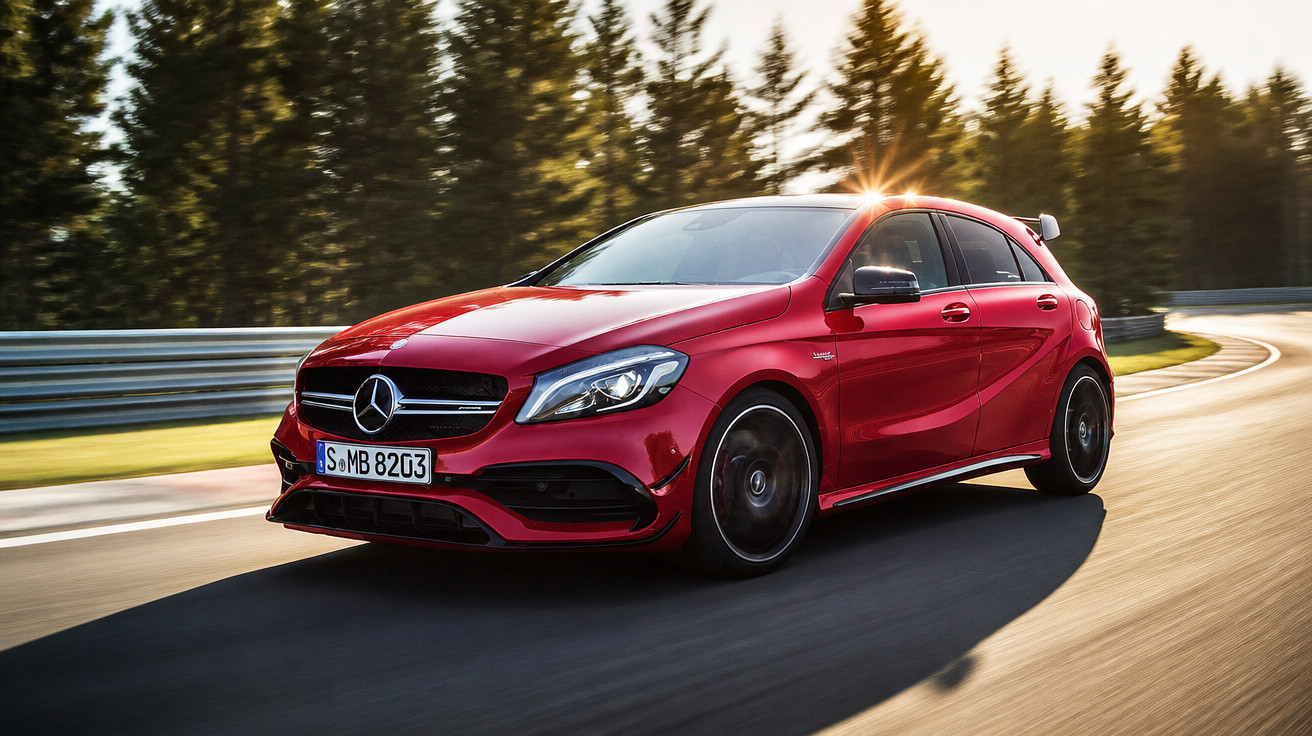 Carro vermelho Mercedes-Benz compacto em alta velocidade em pista de corrida com árvores ao fundo.