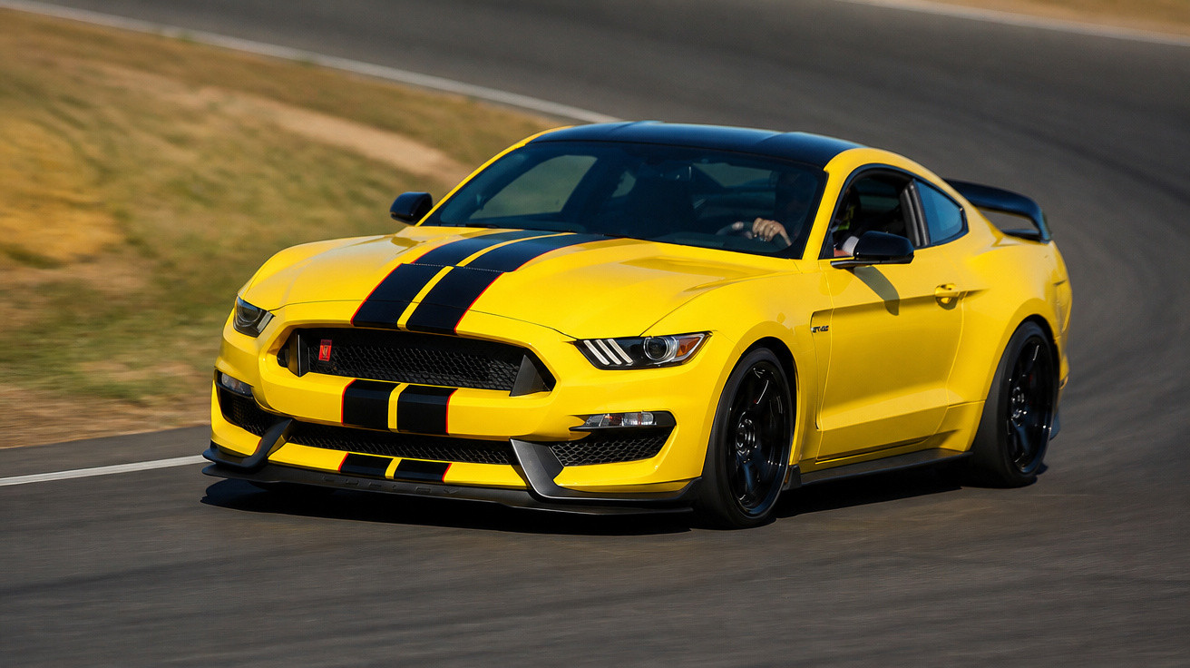 Carro esportivo amarelo com faixas pretas, fazendo curva em pista de corrida asfaltada.