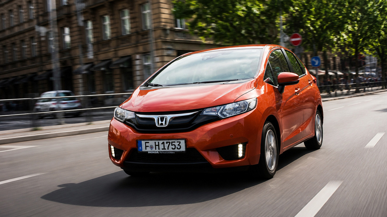 Carro Honda hatchback laranja em movimento em avenida urbana com prédios ao fundo.