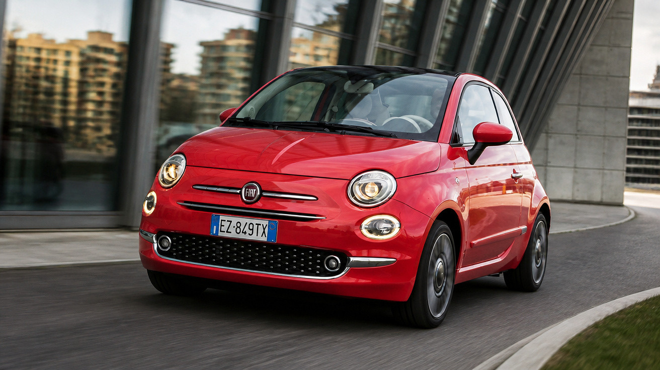 Carro Fiat 500 vermelho trafegando em via urbana próxima a edifícios modernos.