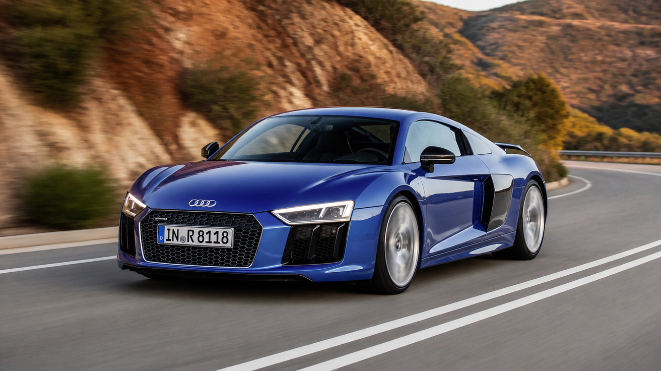 Carro esportivo Audi R8 azul em movimento em estrada sinuosa com montanhas ao fundo.