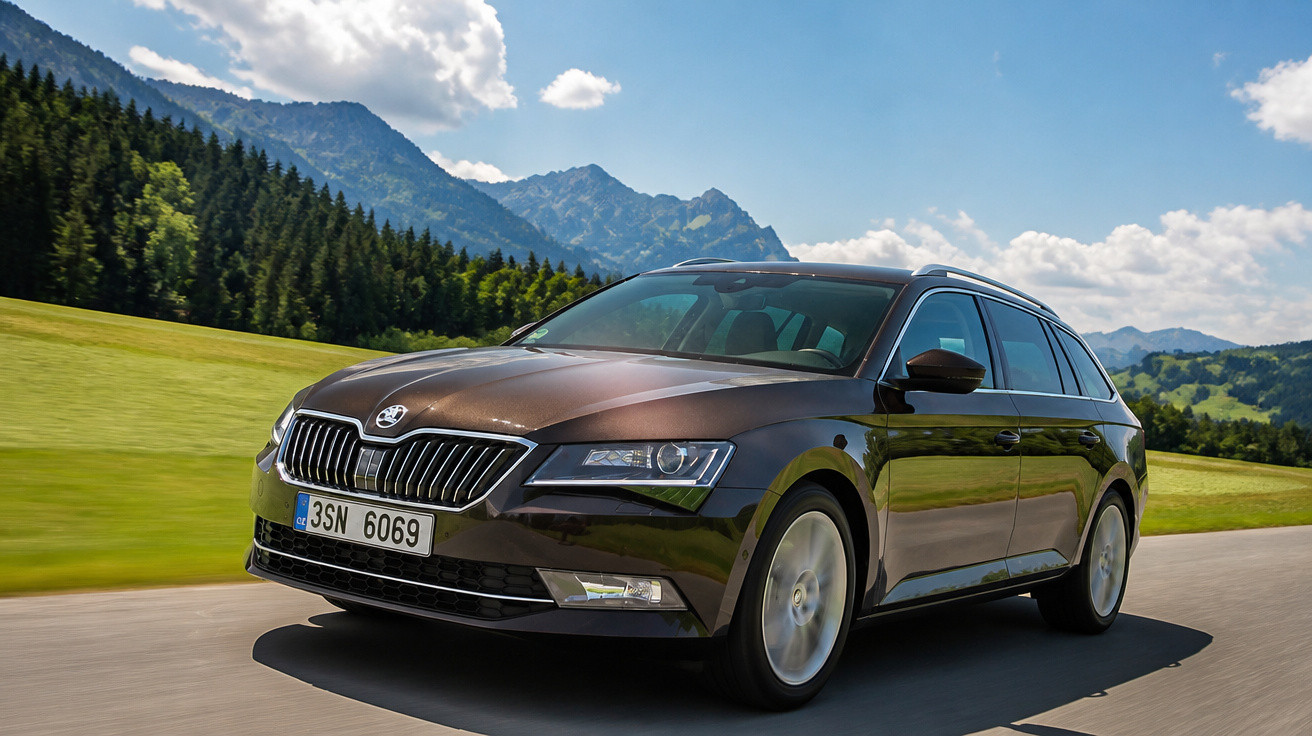 Carro Skoda preto em estrada asfaltada com montanhas e céu azul ao fundo em dia ensolarado.
