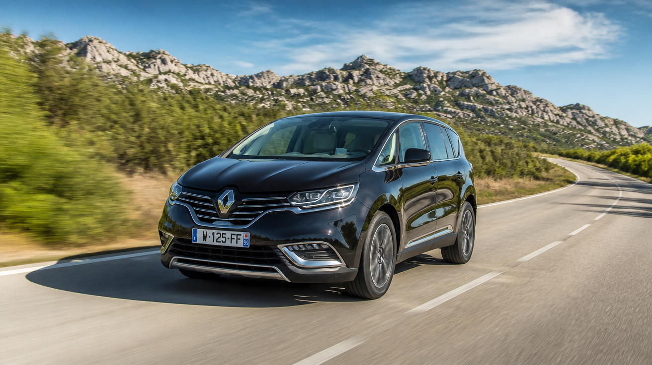 Carro Renault preto dirigido em estrada com montanhas rochosas e céu azul ao fundo.