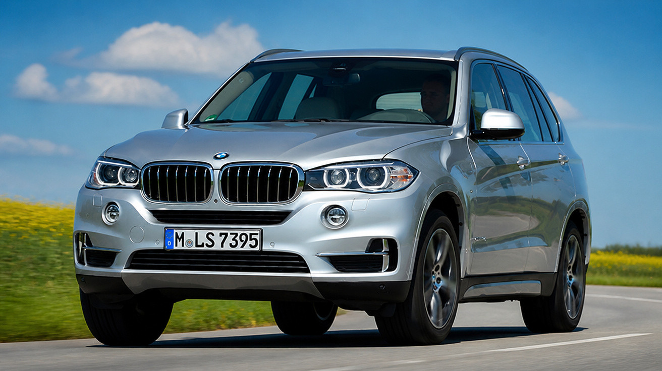 SUV prata BMW X5 em estrada com céu azul e vegetação ao fundo