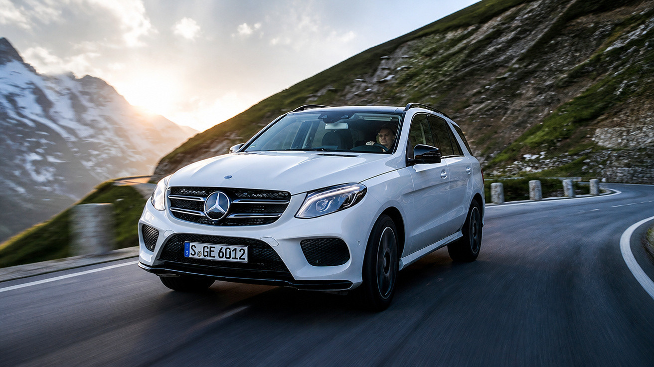 SUV branco da Mercedes-Benz dirigindo em estrada sinuosa nas montanhas ao pôr do sol.