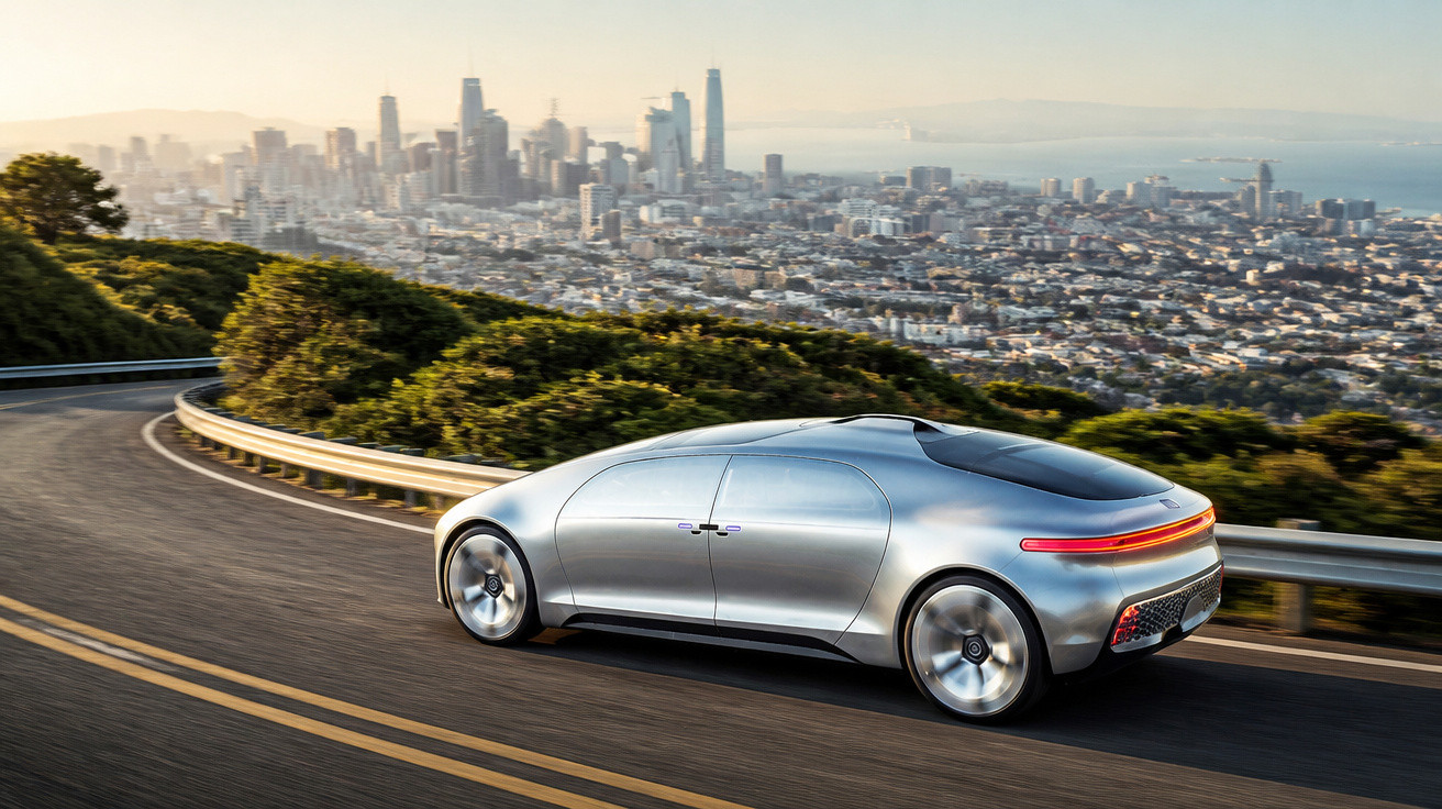 Carro elétrico futurista prata em estrada sinuosa com vista panorâmica da cidade ao fundo.