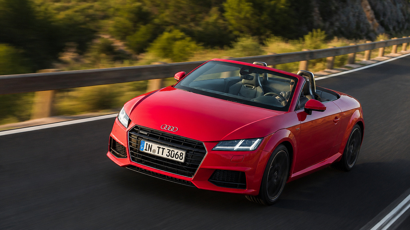 Carro esportivo conversível Audi vermelho dirigindo em estrada asfaltada com vegetação ao fundo.