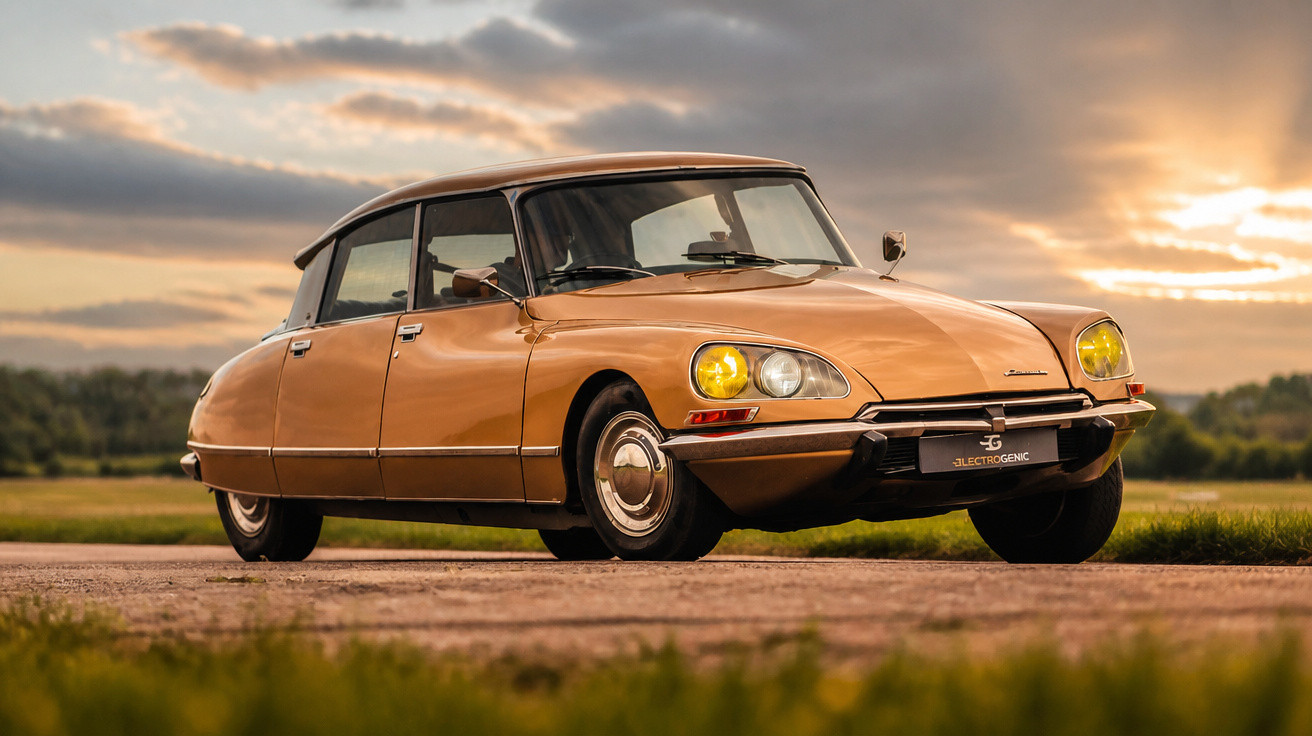 Carro clássico Citroën DS bege estacionado em estrada com céu ao entardecer ao fundo.