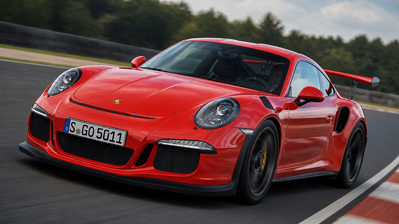 Carro esportivo vermelho Porsche em velocidade em pista de corrida com curva e área arborizada ao fundo.