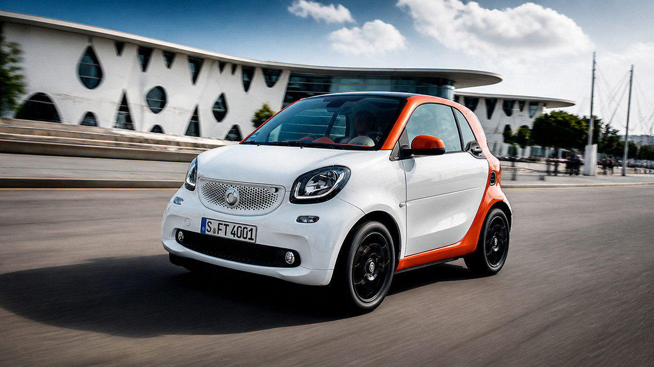 Carro compacto branco e laranja circulando em área urbana com edifício moderno ao fundo.