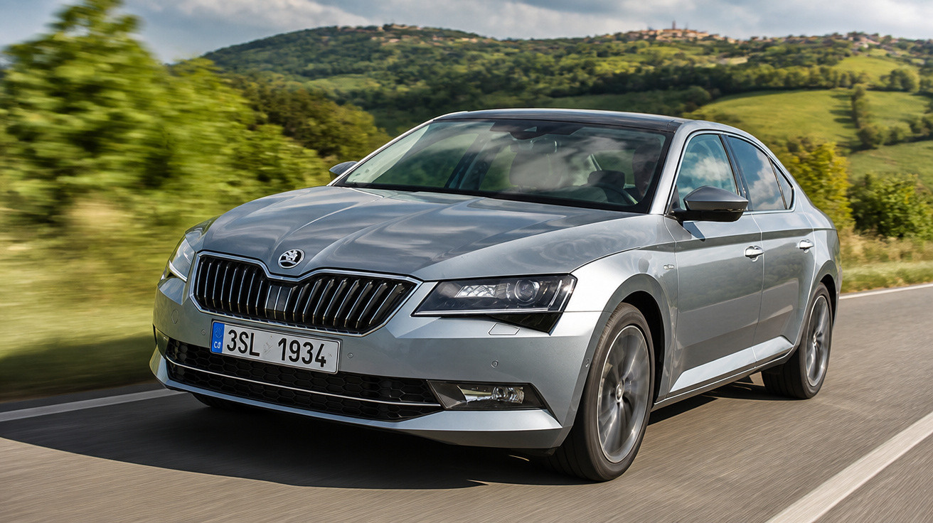 Carro prata Škoda Superb em estrada asfaltada com colinas verdes ao fundo em dia claro.