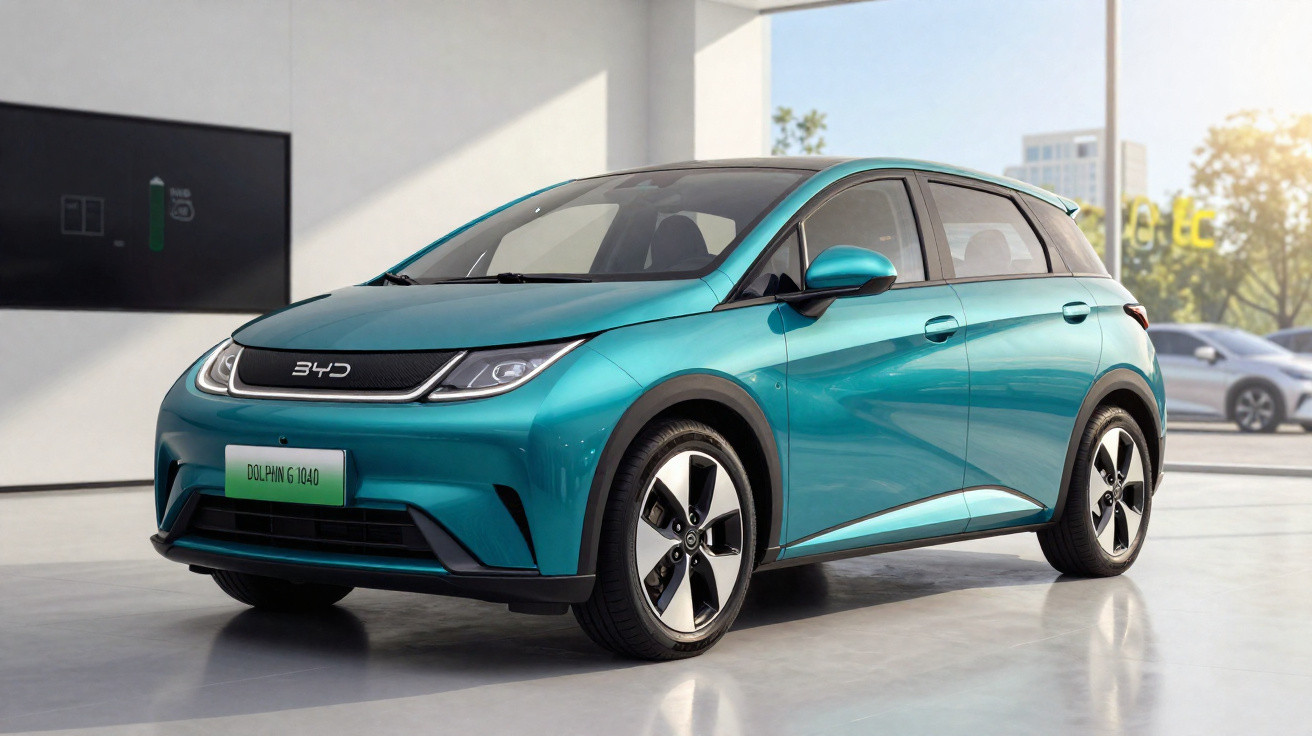 Carro elétrico compacto azul turquesa estacionado em ambiente interno moderno e iluminado.