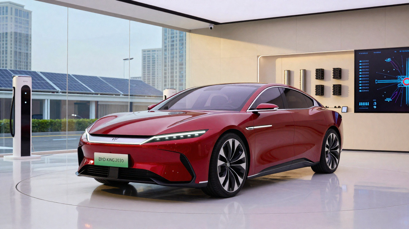 Carro elétrico vermelho BYD King 2030 em exposição moderna com estação de recarga e telas digitais ao fundo.