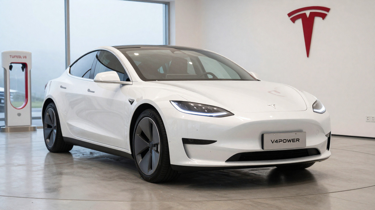 Carro elétrico Tesla branco estacionado em showroom com carregador e logo Tesla ao fundo.