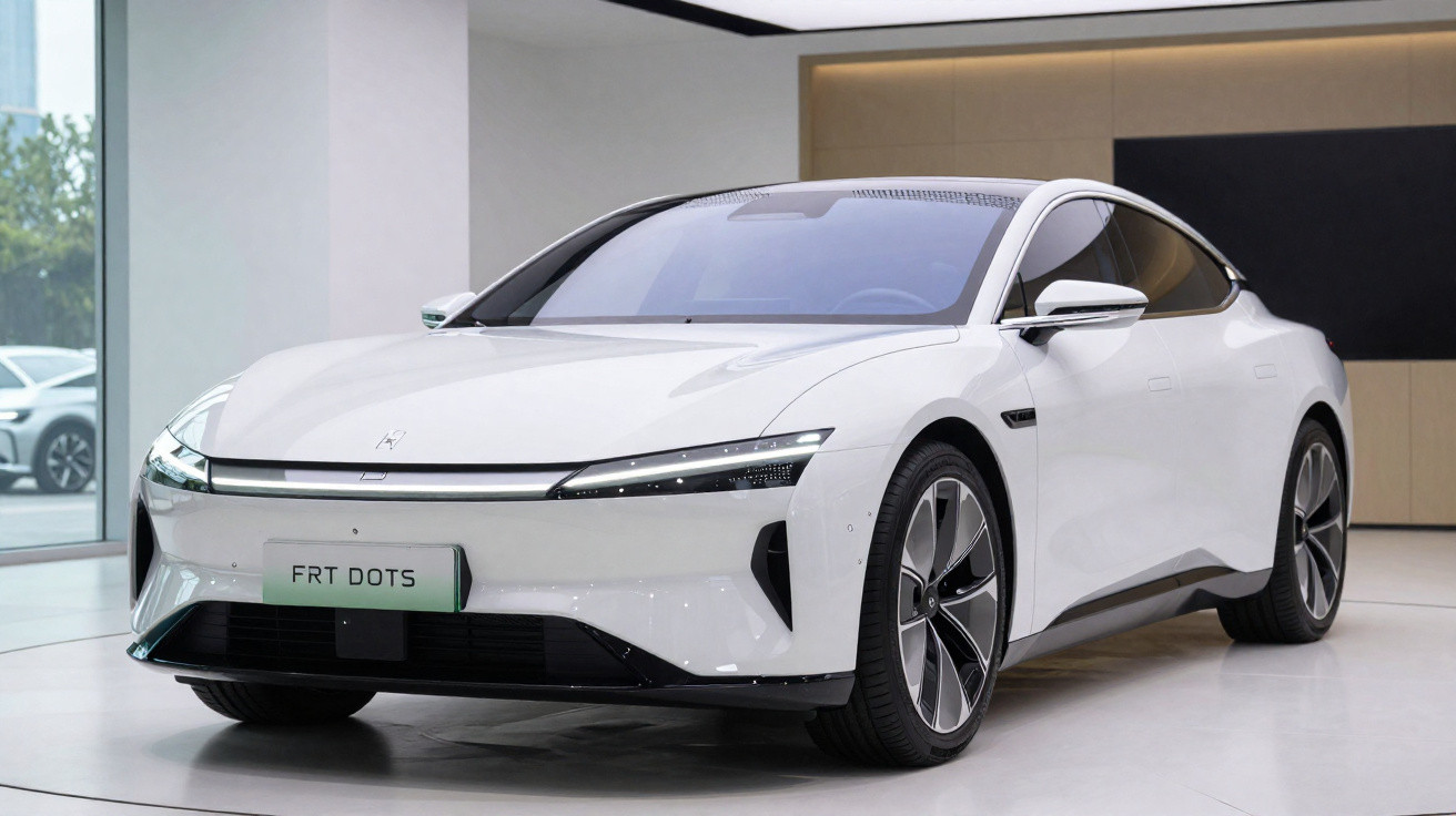 Carro elétrico branco moderno estacionado em ambiente interno iluminado e minimalista.