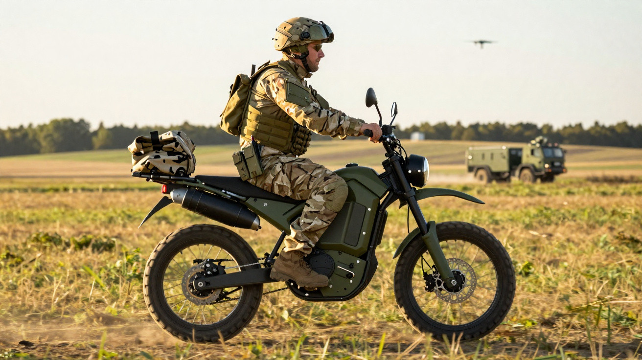 Soldado em uniforme camuflado pilotando motocicleta verde militar em campo aberto durante o dia.