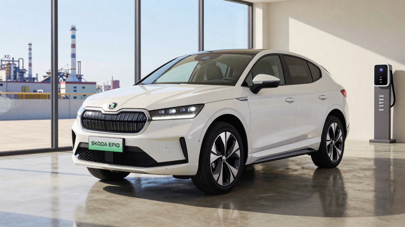 Carro elétrico branco Škoda Enyaq iV estacionado em garagem moderna com parede de vidro e estação de recarga ao lado.