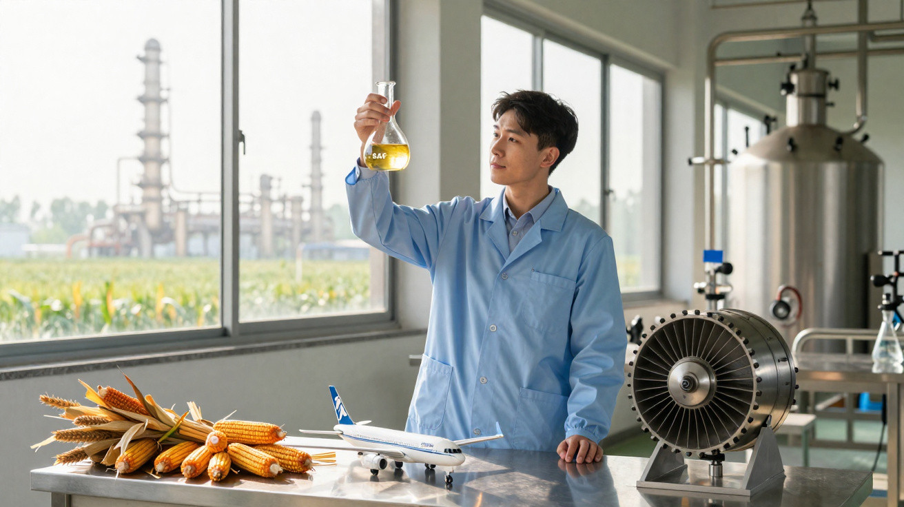 Cientista em laboratório segurando frasco com líquido amarelo, milho e miniatura de avião sobre bancada.