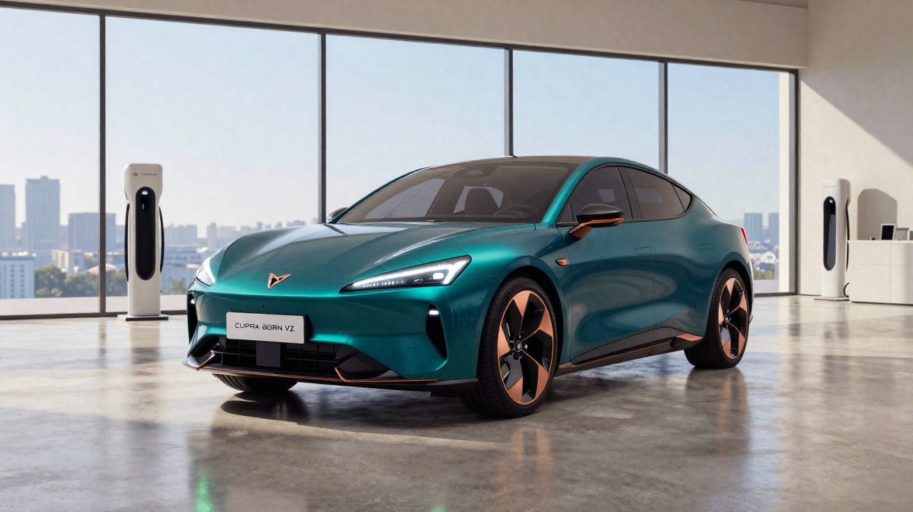 Carro elétrico Cupra Born VZ verde em ambiente moderno com estações de carregamento ao fundo.