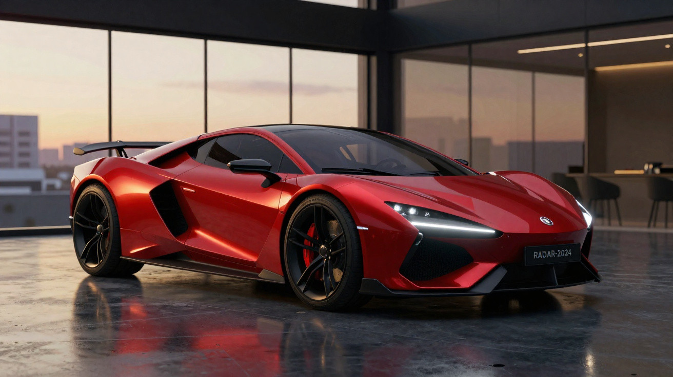 Carro esportivo vermelho com design aerodinâmico em ambiente moderno com grandes janelas.